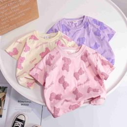 T-shirts T shirts Baby Girls Summer T Shirt Cotton Fashion Cartoon Bear Pattern Tees 1 Kids Short Sleeve Top Korean Children Clothing 240306