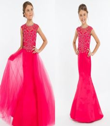 Pink Detachable Train Girls Pageant Dresses 2022 Long Mermaid Hollow Back Rhinestones Beaded Sequins Tulle Long Kids Formal7341330