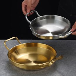 Korean Stainless Steel Shallow Saucepan with Double Ear Seafood Cooking Dry Pots Paella Frying Pan Kitchen Cookware Utensils 240226