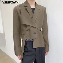 INCERUN Fashion Men Blazer Streetwear Lapel Long Sleeve Casual Irregular Suits Solid Colour Button Thin Coats Men S-5XL 240221