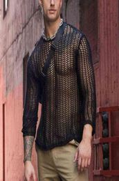 Black Sexy Fishnet See Through T Shirt Men 2022 Brand Long Sleeve Transparent T Shirts Men Party Nightclub Show Tee Shirt Homme L27308247