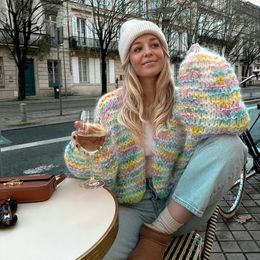 BUILDINGB Fashion Ladies V-Neck Long Sleeve Cardigan Autumn Streetwear Loose Coats Elegant Rainbow Crochet Hollow Knitted 240228