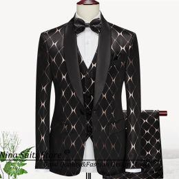 Suits Gwenhwyfar Geometric Pattern Shinny Black Men Costume 2024 Tailormade Groom Wedding Suits Evening Party Singer Tuxedos 3 Pieces