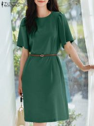 Dress ZANZEA Fashion Solid Dress Woman Short Sleeve ONeck Vestidos Female Elegant OL Office Sundress Casual Loose Knee Length Robe