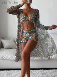 Women's Swimwear Womens Swimwear Tropical Allover Print Bikini 3pack Drawstring Ruched Cover Up Women Swimsuit Long Sleeve Beach Wear Bathing Suit 230520 240307