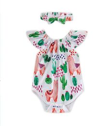 Baby Girls Cactus Rompers Alpaca Printed Flying Sleeve Romper Cartoon Baby Clothes Toddler Cotton Onesies Breathable Jumpsuit 06053751002