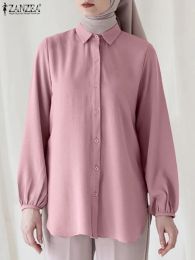 Tops Fashion Women Lapel Neck Long Sleeve Blouse Autumn Shirt ZANZEA Elegant Solid Buttons Down Blusas Islamic Clothing Abaya Tops