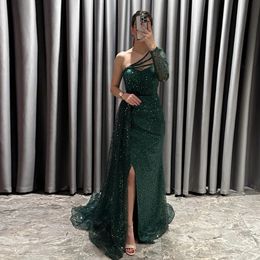 Glitter Dark Green Long Prom Dress 2024 One Shoulder Beads Long Sleeves Sequined Mermaid Women Formal Evening Gowns for Graduation Party Robe De Soiree