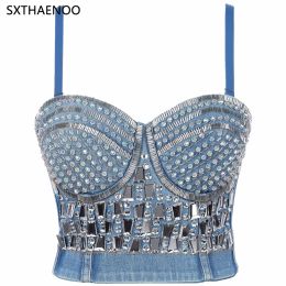 Camis SXTHAENOO Rhinestone Sequins Denim Corset Camis Women Cropped Top Sexy Party Women's Bra Cropped Top Wedding Vest Camis Mujer