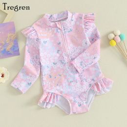 Swimwear Tregren 15Y Little Girls Swimsuit Summer Ruffle Floral Print Long Sleeves Zipper Swimwear Beachwear for Toddler Bathing Suits