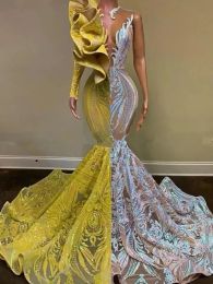 Yellow Contrast Color Mermaid Prom Dresses for Black Girls Long Sleeve Ruffles Sequin African Evening Dress Graduation Gala Gowns