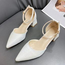 Dress Shoes 2024 Summer Fashion Low Heels Pointed Toe Simple Women Word Buckle Strap Hollow Single Mules Pumps