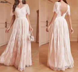 Fabulous Full Lace A Line Wedding Dresses V Neck Short Sleeves Bohemian Rustic Country Bridal Gowns Sexy Backless Floor Length Bride Marriage Robes de Mariee CL3361