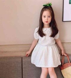 Spring Summer Girls White Lace Two Pieces Set Toddler Baby Short Sleeve Hollow Cotton Doll Collar Top skirt Suit 2108045469221