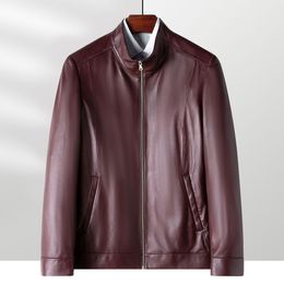 Men Genuine Leather Jacket Biker Motorcycle Jackets Quilted Coats Outerwear Red Tops Zip Up Spring Autumn Clothing M L XL XXL