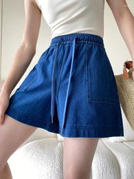 Women's Shorts COTTON Loose Elastic Waist Blue Washed Soft Denim Fashion Casual Big Pocket Women Summer 2024