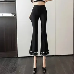 Women's Pants Fashion Korean Micro Bell-Bottom Trousers High Waist Temperament Black Slim Casual Elastic Nine-Point 2024