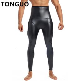 Mens High Waist Leather Pants Body Shaper Waist Trainer Control Panties Compression Underwear Fitness Shapers Pants With Pockets 240220