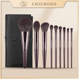 CHICHODO Metal Wire Drawing Makeup Brush 9pcs Synthetic Fiber Brushes With Bag Good Face Eye Makeup Brush Tool 240229