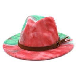 2021 Tie Dye Wool Felt Jazz Fedora Hats for Women Lady Men Party Hat Wide Brim Panama Church Sombrero Cap Brown Belt Docor159y
