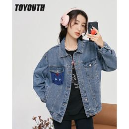 Toyouth Women Denim Jacket Autumn Long Sleeve Polo Neck Loose Coats Funny Pattern Vintage Casual Outwear Tops 240307