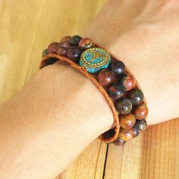 Charm Bracelets 10mm Vintage Leather Wrap Bracelet Buddhism OM Chakra Picasso Stone Beads Men Handmade Jewelry