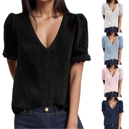 Women's Blouses Korean Shirts Short Sleeves V-Neck Solid Color Lightweight Tops Elegant Blouse 2024 Blusas Para Mujer