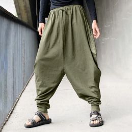 Pants Hip Hop Cotton Linen Harem Pants Men Solid Streetwear Joggers Retro Baggy Dropcrotch Pants Casual Trousers Japanese Style 2023