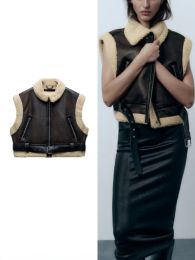 Waistcoats ZBZA Women's Cropped Double Faced Vest Autumn Winter New Lapel Collar Sleeveless Metal Buckles Padded Vest Female Warm Outerwear