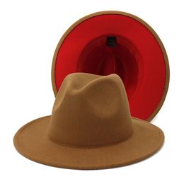 Whole Brown Red Patchwork Wool Felt Jazz Fedora Hats Women Men Double-Sided Color Matching Ladies Bowler Panama Hat260U