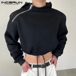 INCERUN Men Hoodies Solid Color Zipper Hooded Long Sleeve Streetwear Fashion Casual Sweatshirts Personality Crop Tops S-5XL 240219