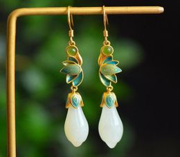 Dangle Chandelier Silver Inlaid Enamel Porcelain Natural Hetian Magnolia Flower Earrings For Women Ethnic Style Classic Wedding 6558264