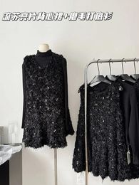 Work Dresses Formal Occasion Black Outfits 2 Piece Set Turtleneck Tops Luxury Sequins Sparkly One-Piece Frocks Coquette Gothic Aesthetics