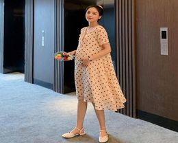 Summer Korean Fashion Dot Print Chiffon Maternity Dress V Neck Slim Waist A Line Loose Clothes For Pregnant Women Pregnancy Dresse4550945