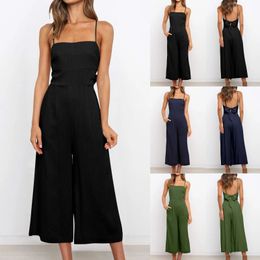 Elegant Rompers 2024 Summer Sexy Soild Backles Sling Top Jumpsuit Strap Wide Leg Playsuits Casual Vneck Overall Bodysuit 240301