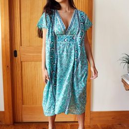 Bohemian Printed Summer Women Beachwear Kaftan Cover-ups Beach Dress Cotton Tunic Swim Wear Cover Up Robe De Plage Q921 Sarongs3054