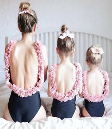 INS Girls flowers backless swimwear mommy and me onepiece swimming fashion kids stereo petal suspender beach holiday swimsuits Y79351667