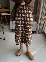 Skirts Vintage Rhombus Plaid Knitting Long Skirt Fashion Women High Waist Bodycon One Step Sweater Jacquard