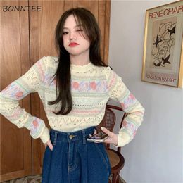 Women's Sweaters Half High Collar Pullovers Women Sweet Girls Cute Hollow Out Long-sleeves Vintage Design Knitting Autumn Korean-style