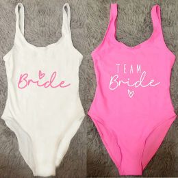 Suits TEAM Bride Heart Print One Piece Swimsuit Women Swimwear High Cut Low Back Sexy Bodysuit Bachelor Party Bathing Suit Swimming