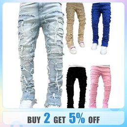 Heavy Jeans Mens Trousers High Street Anime Cut Clothing Metal Low Rise Off-Road Atom Shredding Fashion Quality 240226