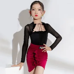 Stage Wear Ballroom Dance Costumes Long Sleeved Latin Top Red Skirt For Girls Performance Dresses Clothes SL9507