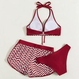 Women's Swimwear 3Pcs/Set Wave Stitching Bra Low Waist Briefs Shorts Set Quick Drying Sleeveless For Travel