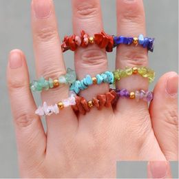 With Side Stones Natural Irregar Crystal Chip Stone Rings Aquamarine Amethyst Colorf Gravel Beaded Finer Ring For Women Jewellery Drop Dhbin