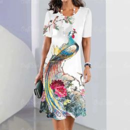 Dress Womens Dresses Summer Elegant Loose ALine Skirt 3d Peacocks Print Short Sleeve Fashion Clothing 2023 Vacation Dress For Women