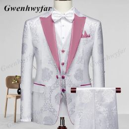 Suits Gwenhwyfar High Quality Men Wedding Tuxedos 2022 Mist Pink Peak Lapel Men Blazer Trousers Waistcoat in White Pattern Material