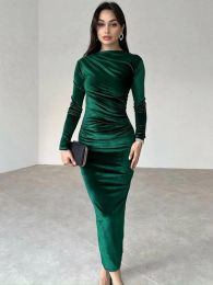 Dress 2023 Winter Women Oneck Folds High Waist Midcalf Velvet Dress Elegant Fashion Office Lady Bodycon Tunics Party Evening Dresses