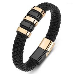 Charm Bracelets 2024 Punk Bracelet Hand Weave Black Leather Stainless Steel Magnetic Gold Bangles Men's Friendship Gift