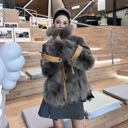 Haining 2023 New Cowboy Pie Overcoming Women's Mid Length Raccoon Coat With Fox Collar To Reduce Age And Young Fur 593811