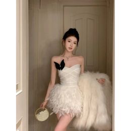 Dress Hot Girl Sexy Hot Diamond Slim Fit Laceup Dress Women's Autumn/Winter Spliced Feather Strapless Bottom Dress Female Clothes